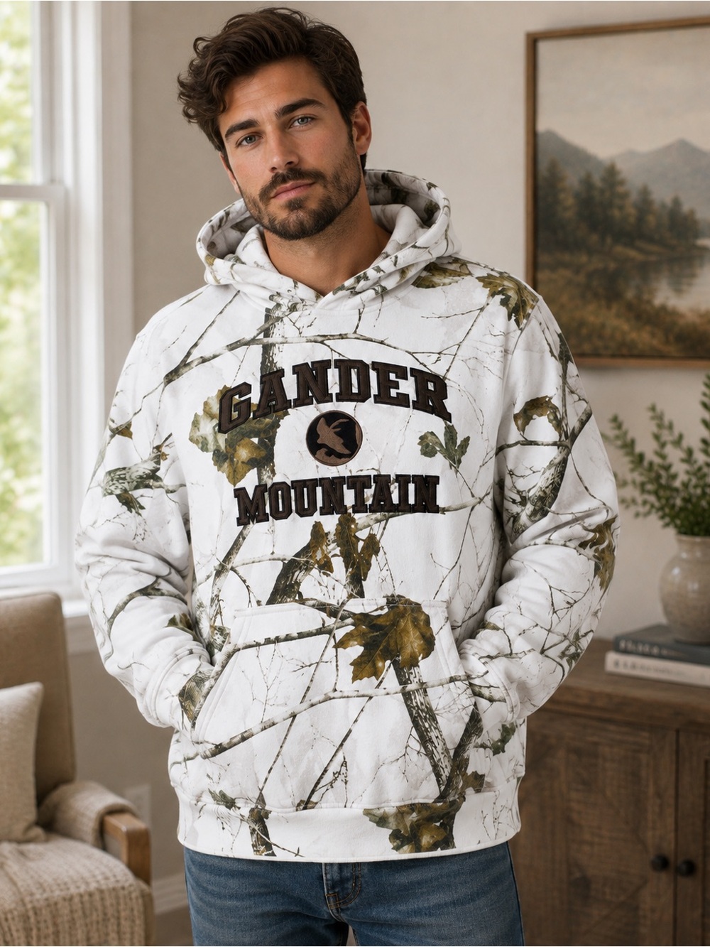 Vintage Gander Mountain Sz M White Camo Realtree Hoodie Snow Hunting Pullover